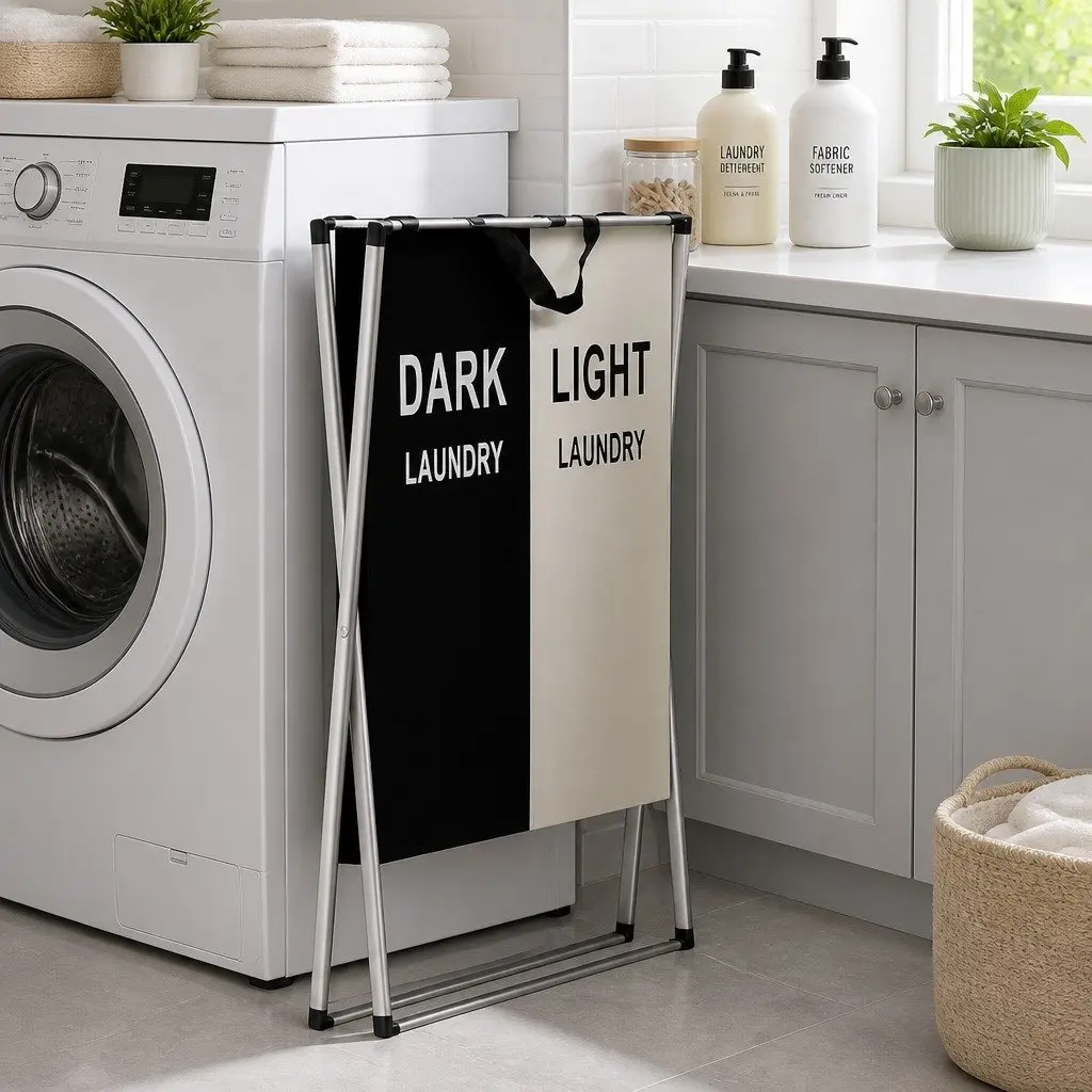 Foldable Laundry Basket Hamper Aluminium Alloy 2 Sections Large Capacity Black White