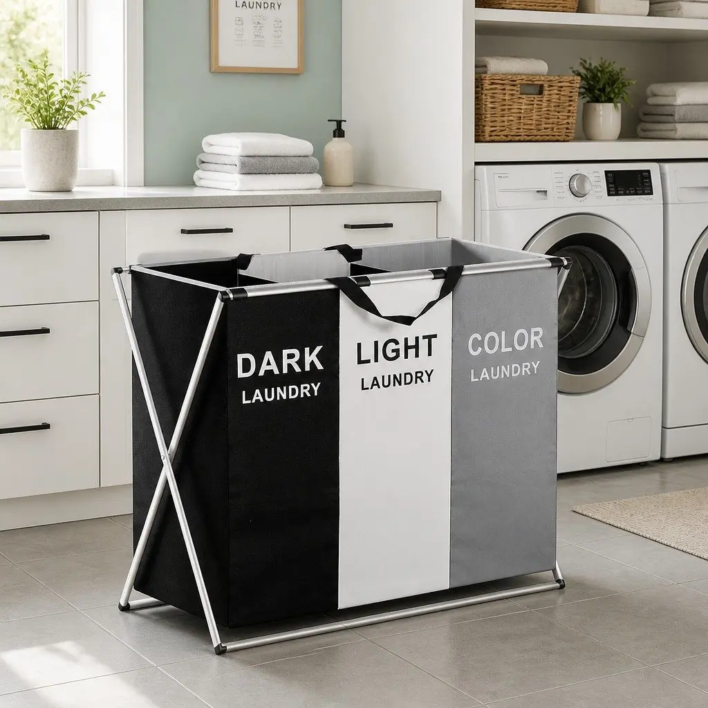 Laundry Basket Hamper Foldable 3 Sections Large Multicolour