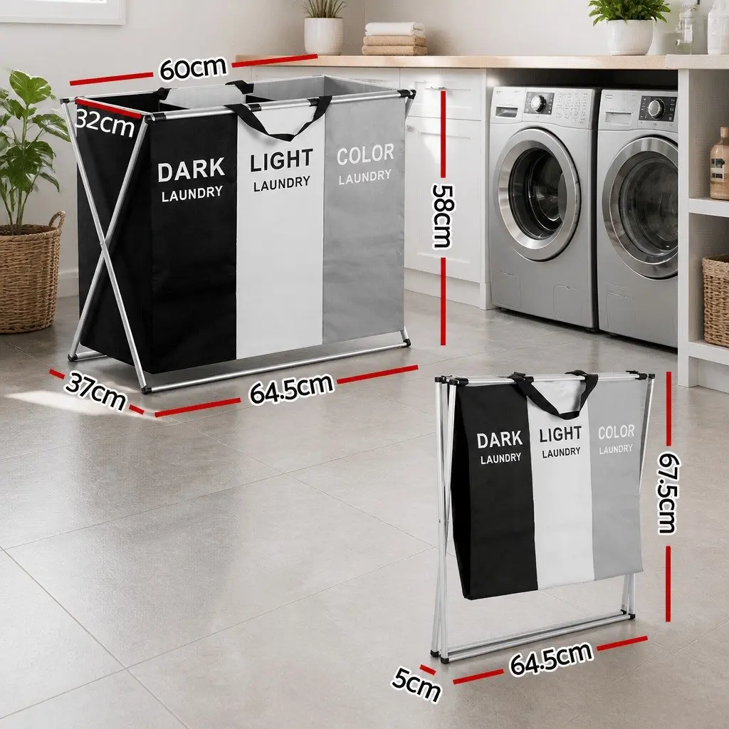 Laundry Basket Hamper Foldable 3 Sections Large Multicolour