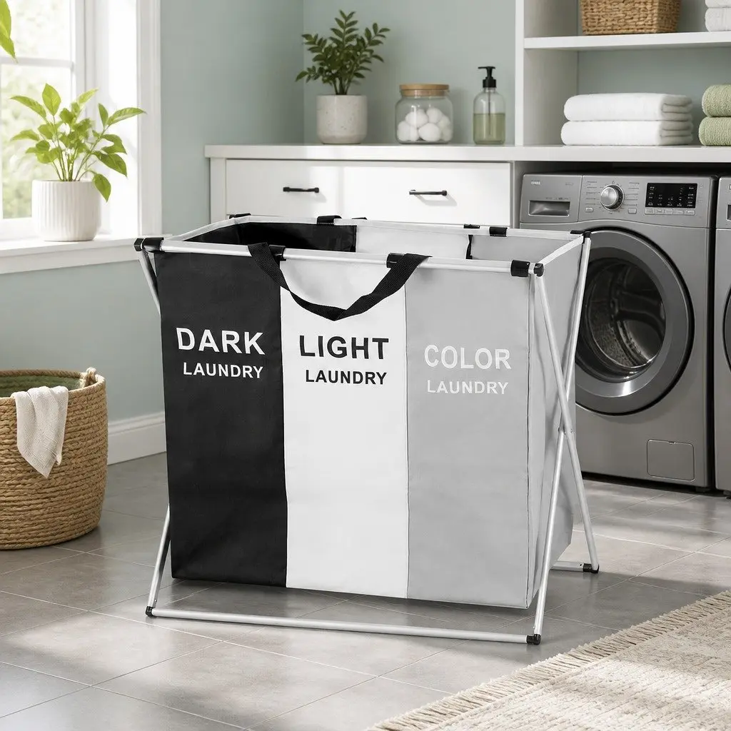 Laundry Basket Hamper Foldable 3 Sections Large Multicolour