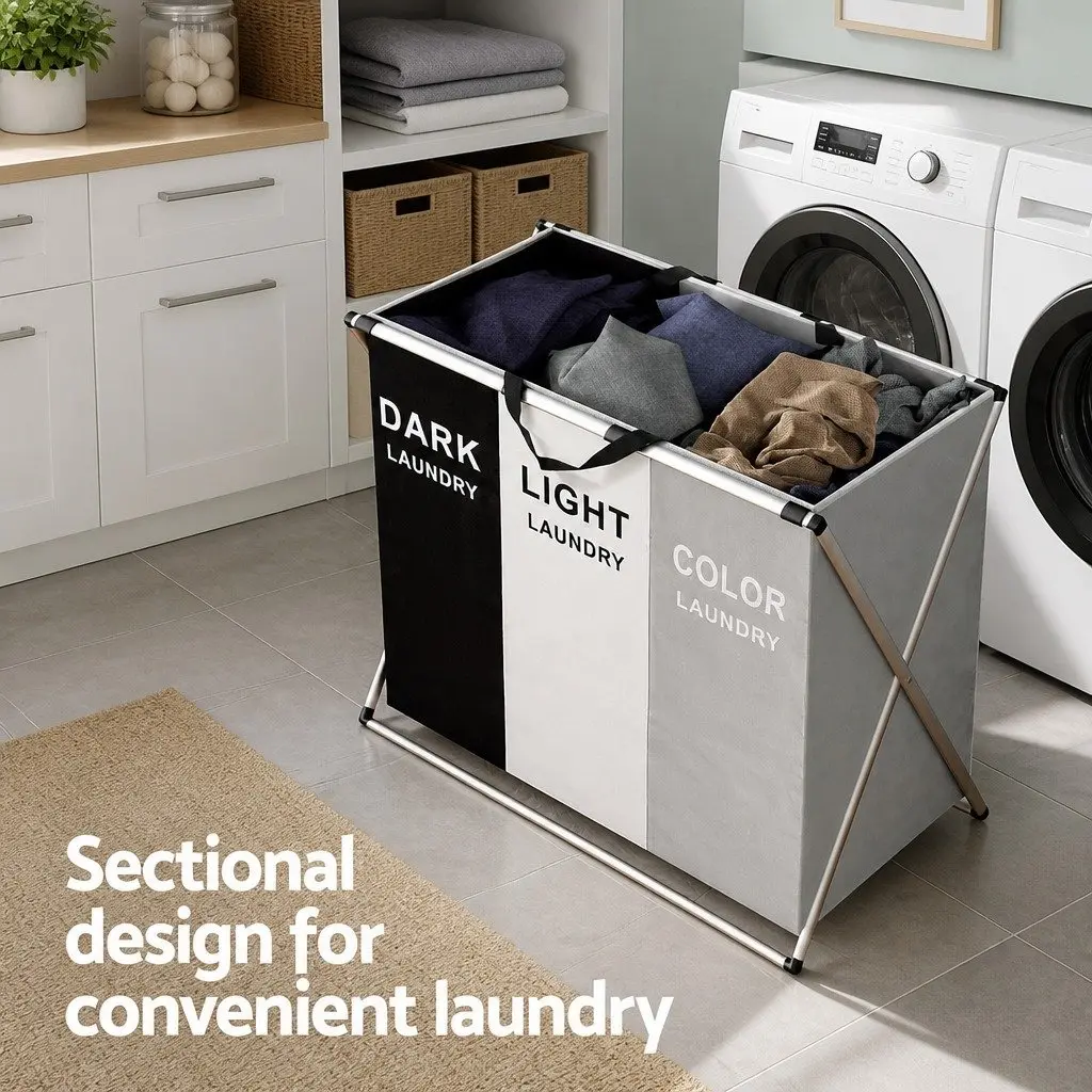 Laundry Basket Hamper Foldable 3 Sections Large Multicolour