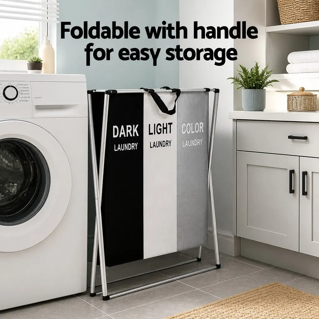 Laundry Basket Hamper Foldable 3 Sections Large Multicolour