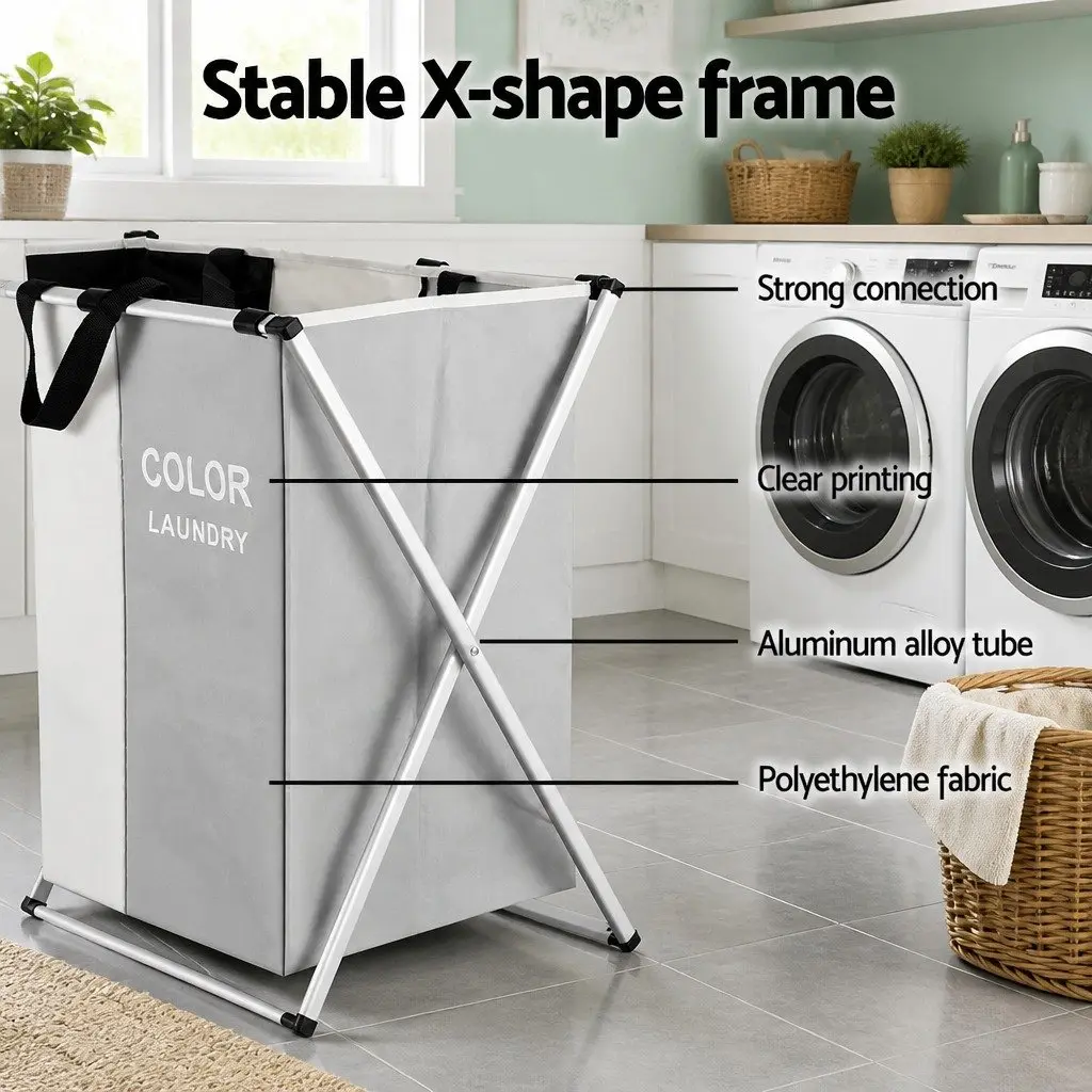 Laundry Basket Hamper Foldable 3 Sections Large Multicolour