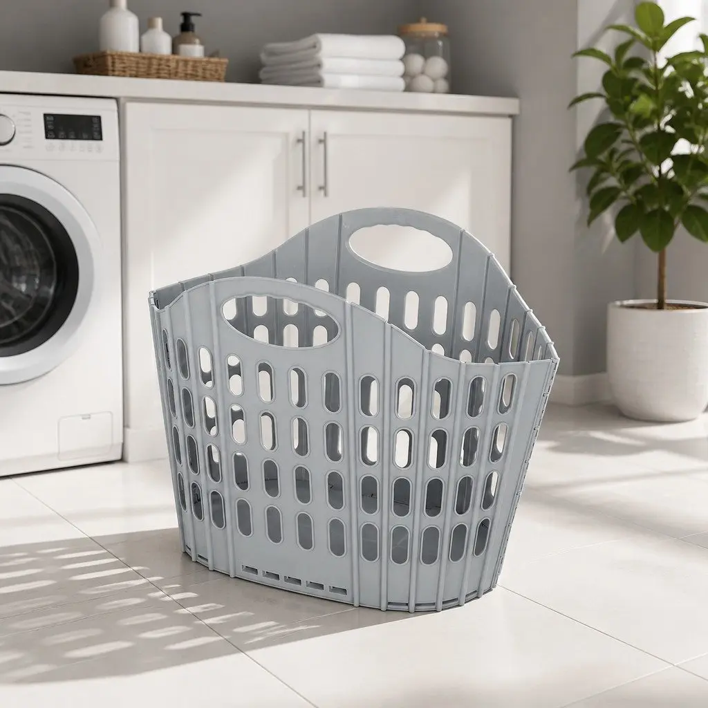 Foldable Laundry Basket Plastic Large Capacity Grey