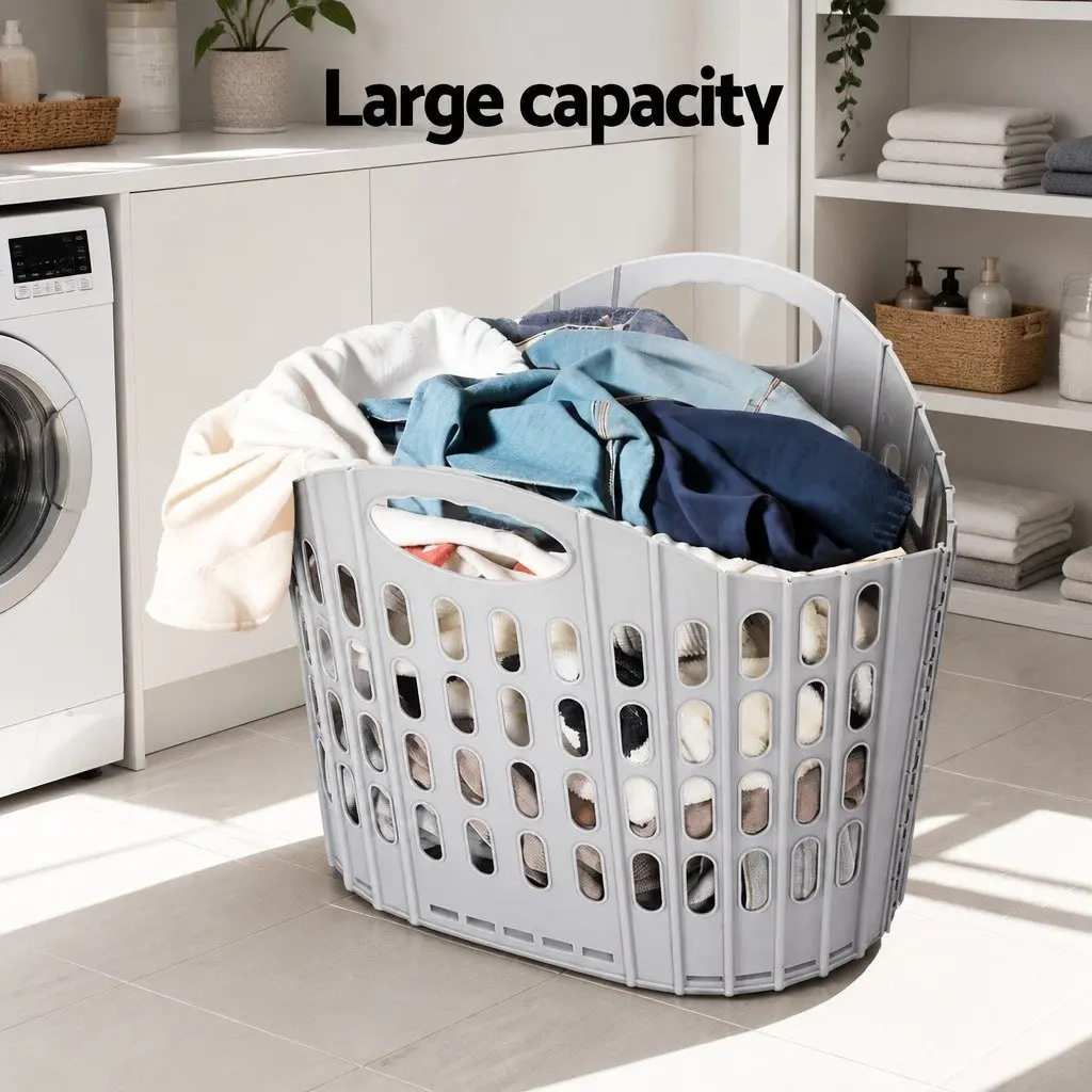 Foldable Laundry Basket Plastic Large Capacity Grey