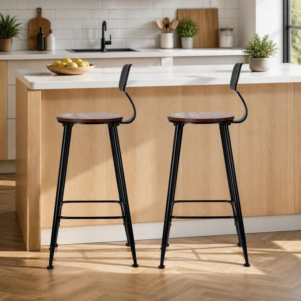 Bar Stools Industrial Steel Frame Pinewood Seat Backrest Black 4 Piece