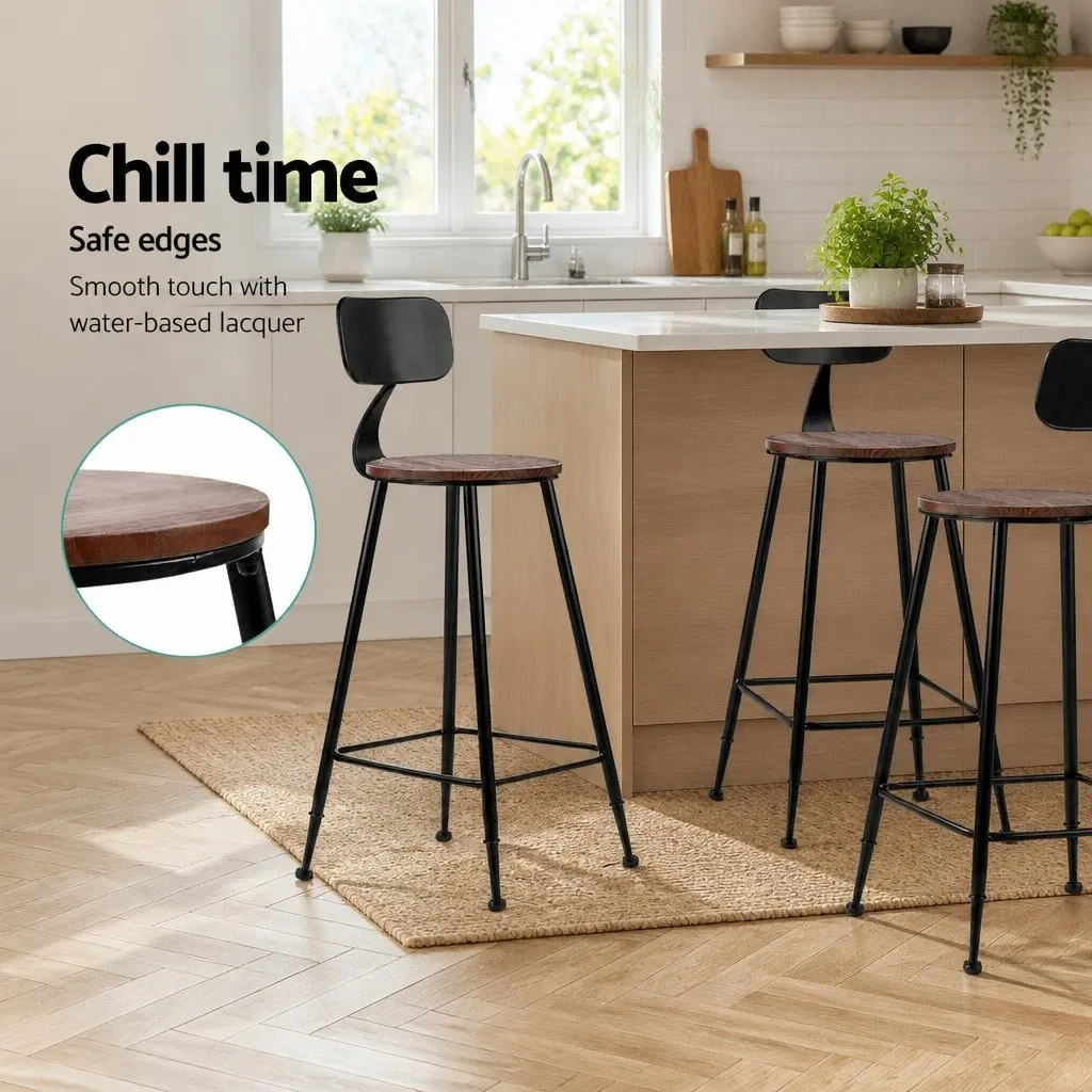 Bar Stools Industrial Steel Frame Pinewood Seat Backrest Black 4 Piece