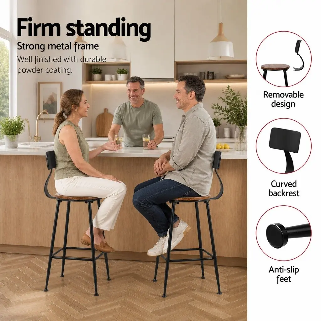 Bar Stools Industrial Steel Frame Pinewood Seat Backrest Black 4 Piece