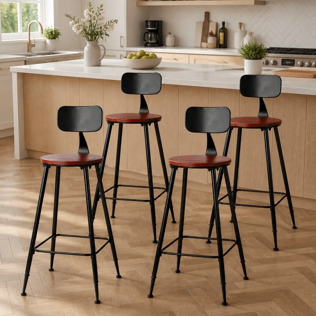 Bar Stools Industrial Steel Frame Pinewood Seat Backrest Black 4 Piece