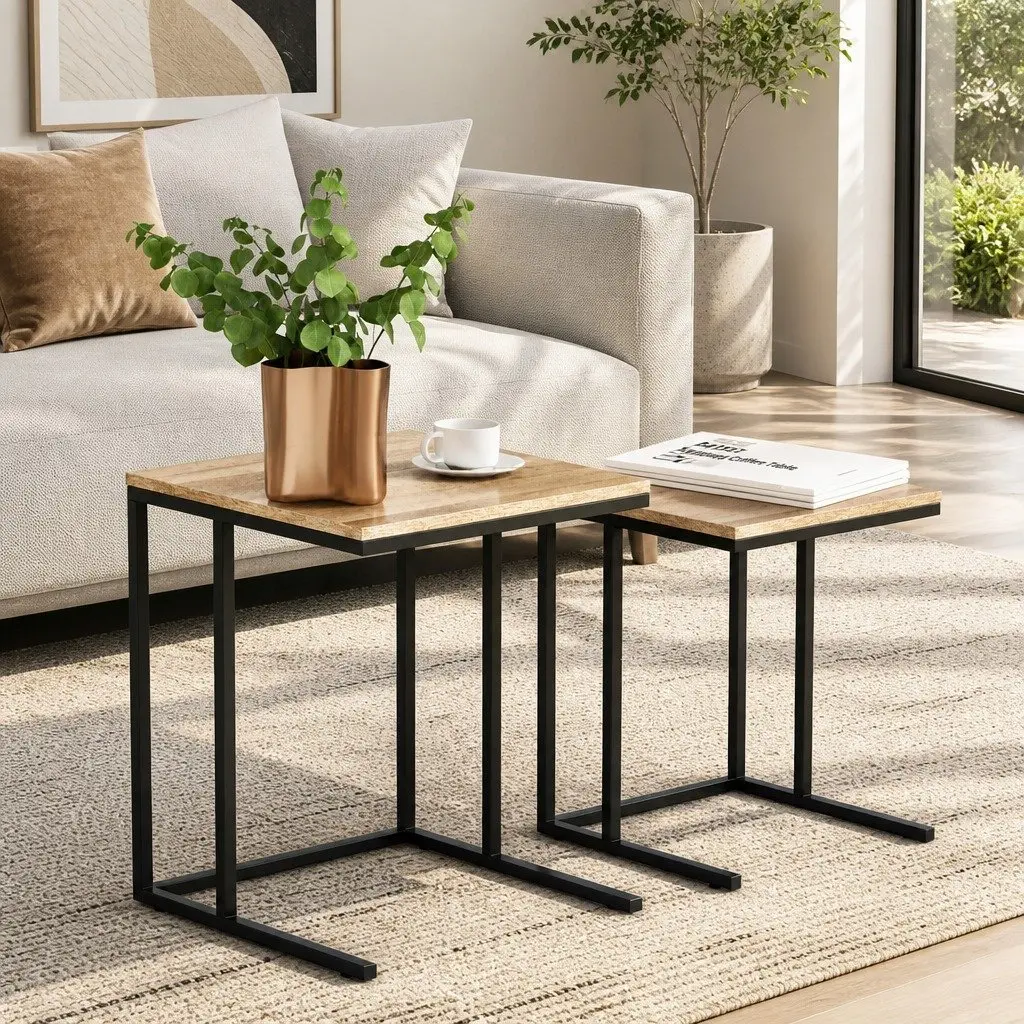 Nesting Side Table Set of 2 Industrial Style Space-Saving Coffee Table Dark Wood