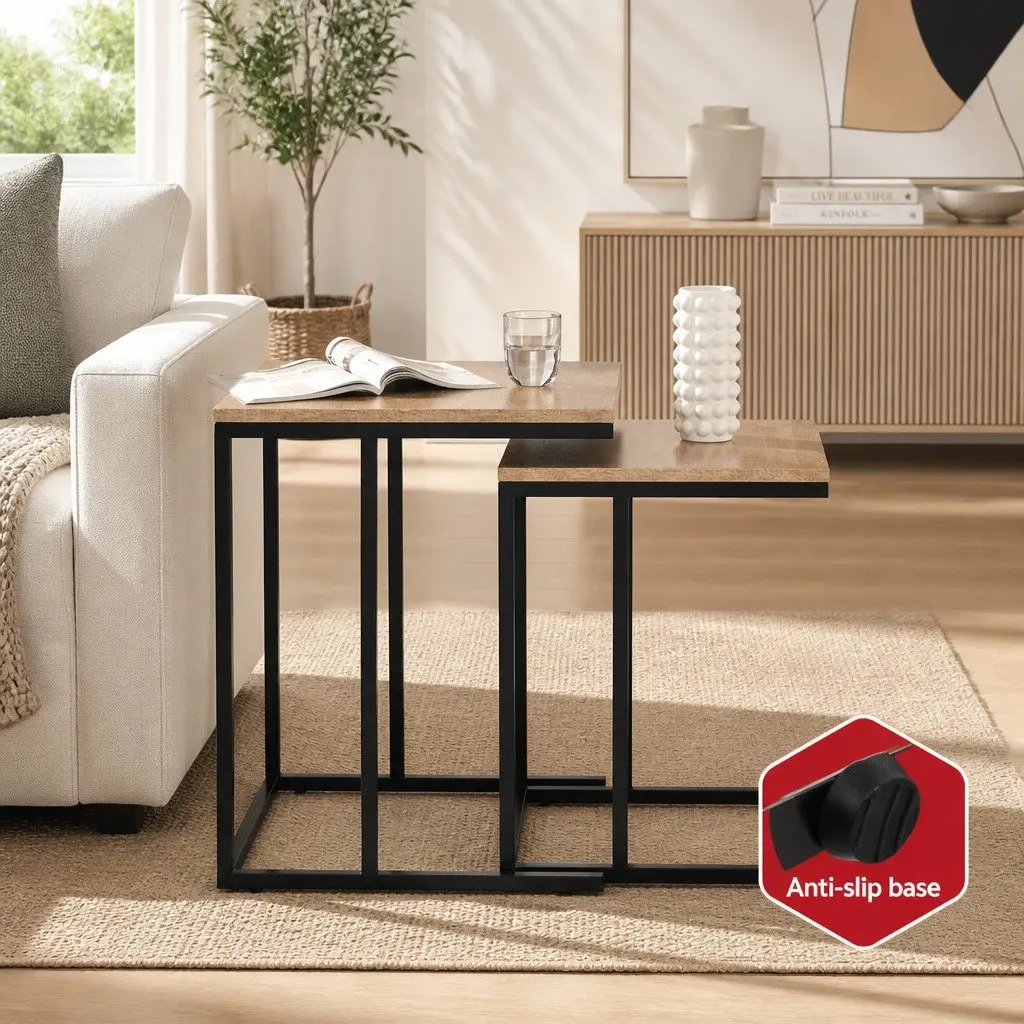 Nesting Side Table Set of 2 Industrial Style Space-Saving Coffee Table Dark Wood