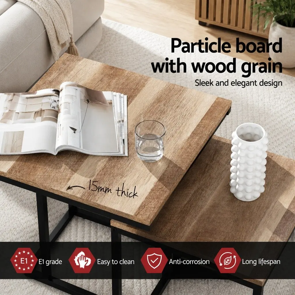 Nesting Side Table Set of 2 Industrial Style Space-Saving Coffee Table Dark Wood