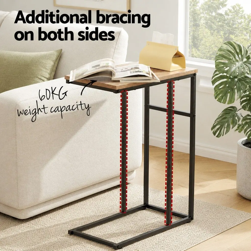 Industrial Side Table Wood Particle Board Steel Legs Compact C-Shape 47cm W x 27cm D x 64cm H Wood and Black