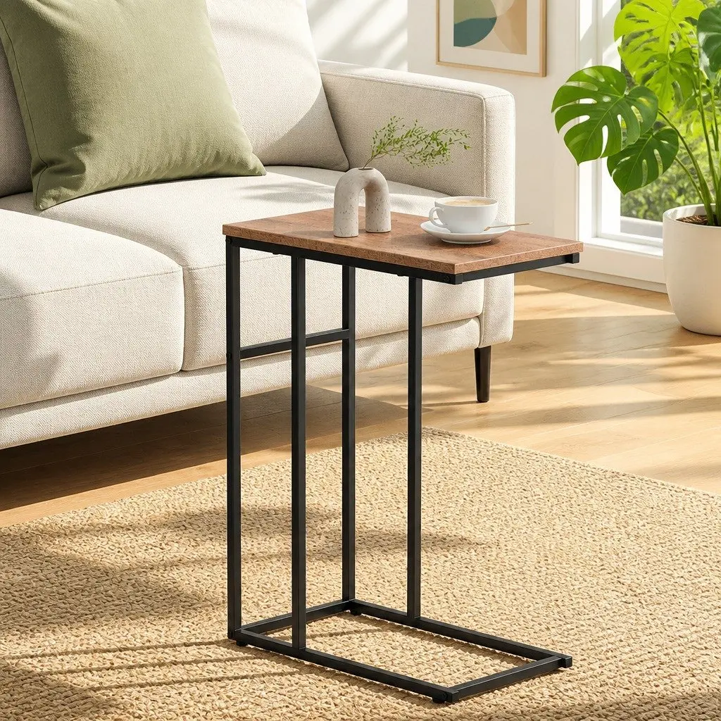 Industrial Side Table Wood Particle Board Steel Legs Compact C-Shape 47cm W x 27cm D x 64cm H Wood and Black