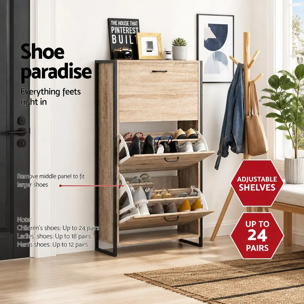 Shoe Rack Cabinet Wood Adjustable Shelves 24 Pairs Industrial Style Black