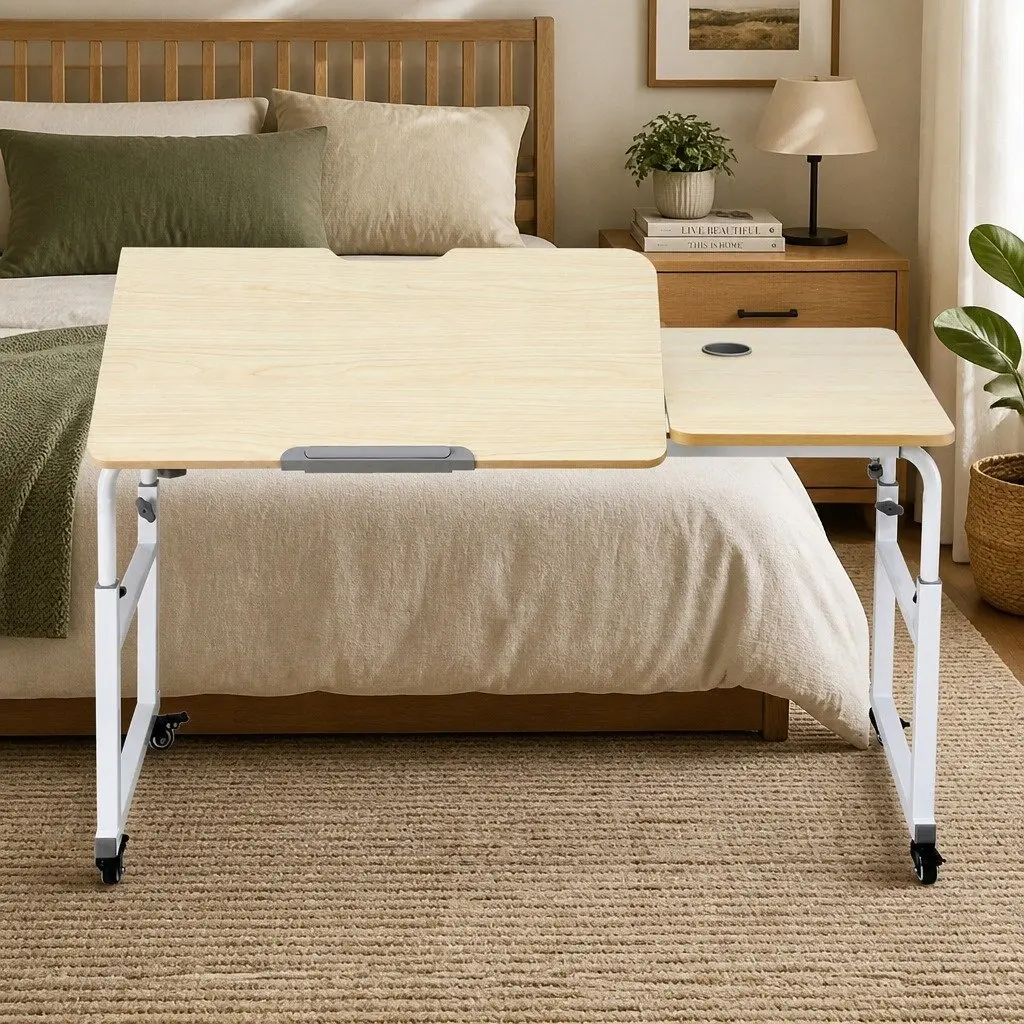 Adjustable Mobile Laptop Desk Overbed Table Computer Stand Bedside Cart Natural