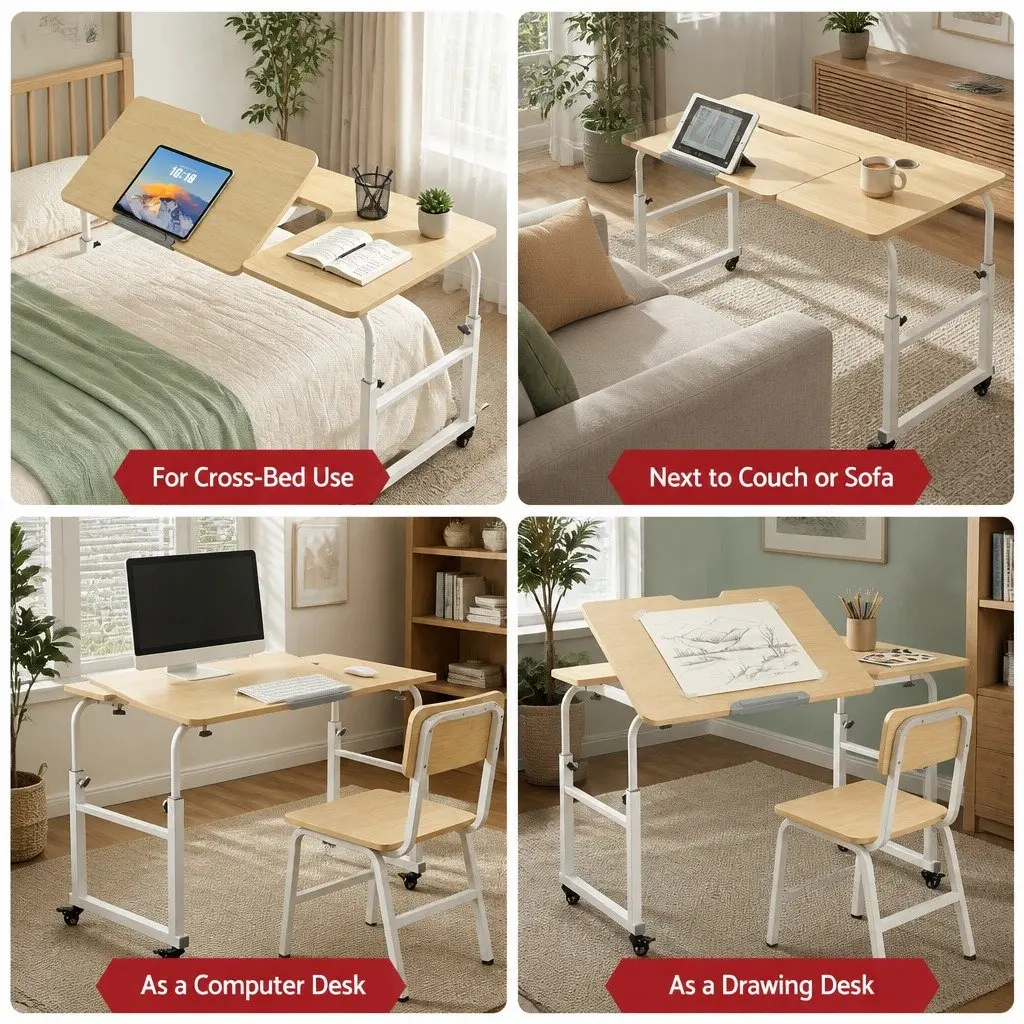 Adjustable Mobile Laptop Desk Overbed Table Computer Stand Bedside Cart Natural