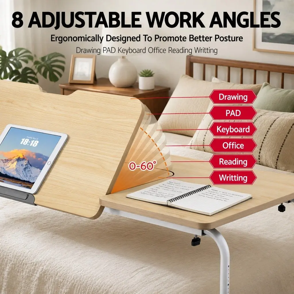 Adjustable Mobile Laptop Desk Overbed Table Computer Stand Bedside Cart Natural
