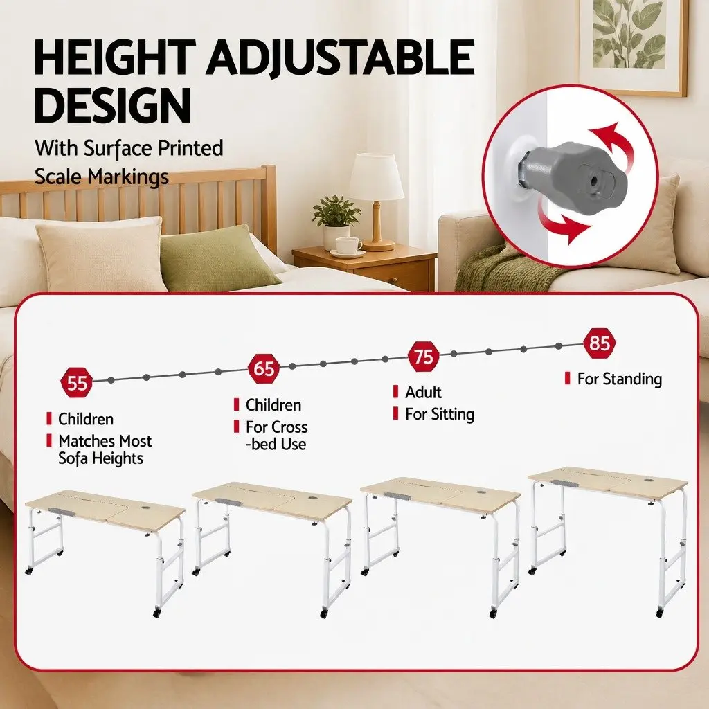 Adjustable Mobile Laptop Desk Overbed Table Computer Stand Bedside Cart Natural