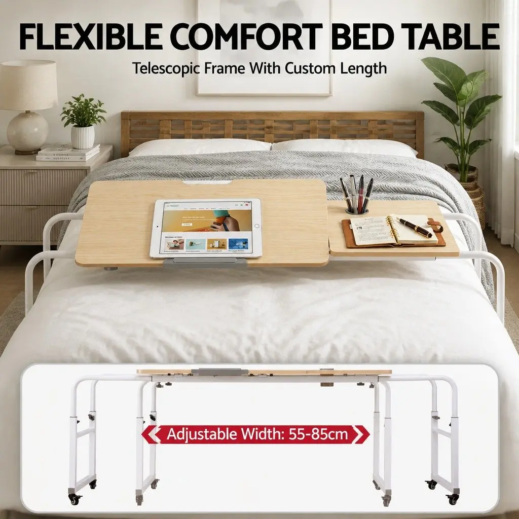 Adjustable Mobile Laptop Desk Overbed Table Computer Stand Bedside Cart Natural