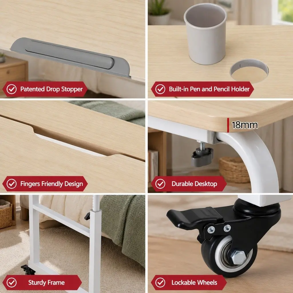 Adjustable Mobile Laptop Desk Overbed Table Computer Stand Bedside Cart Natural