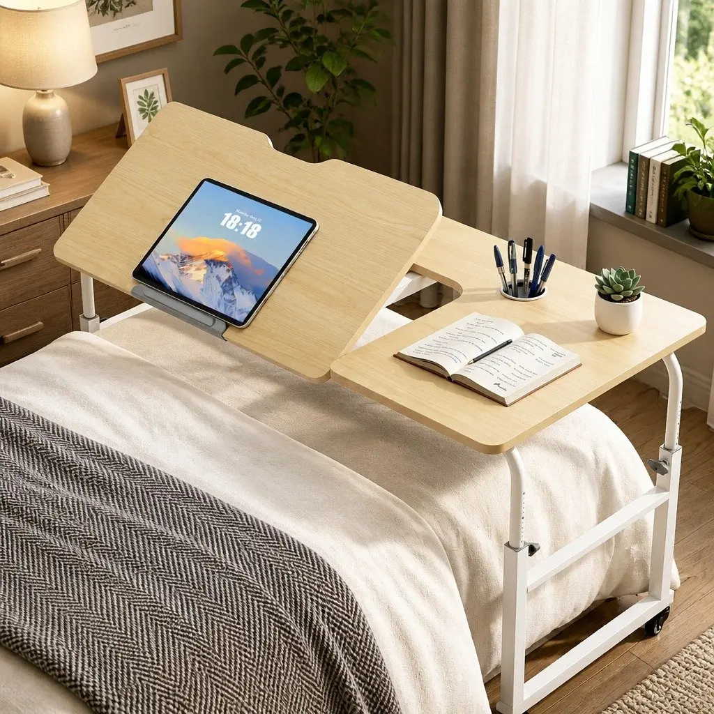 Adjustable Mobile Laptop Desk Overbed Table Computer Stand Bedside Cart Natural