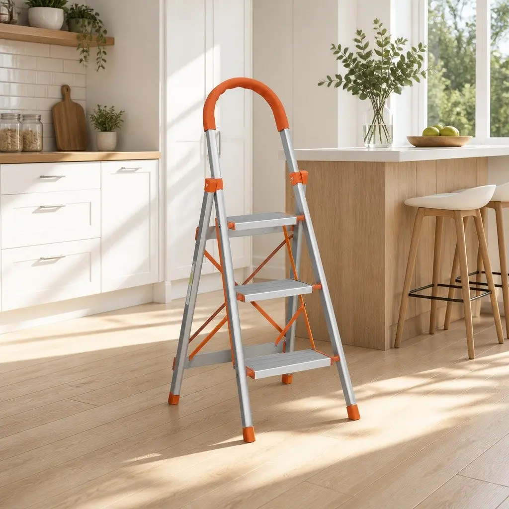 3 Step Ladder Aluminium Lightweight Folding Non-Slip Silver