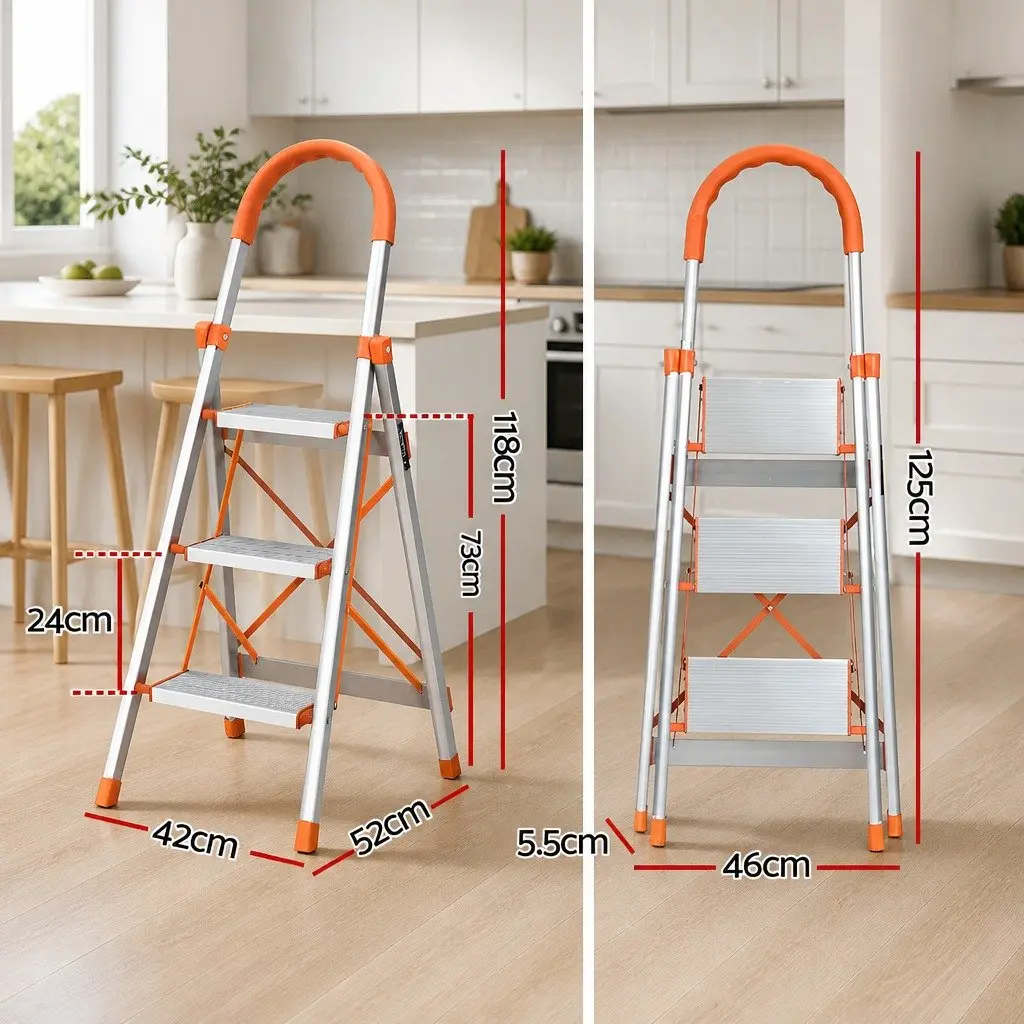 3 Step Ladder Aluminium Lightweight Folding Non-Slip Silver