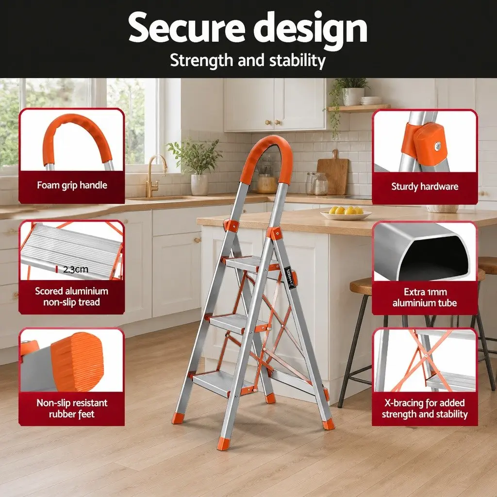 3 Step Ladder Aluminium Lightweight Folding Non-Slip Silver