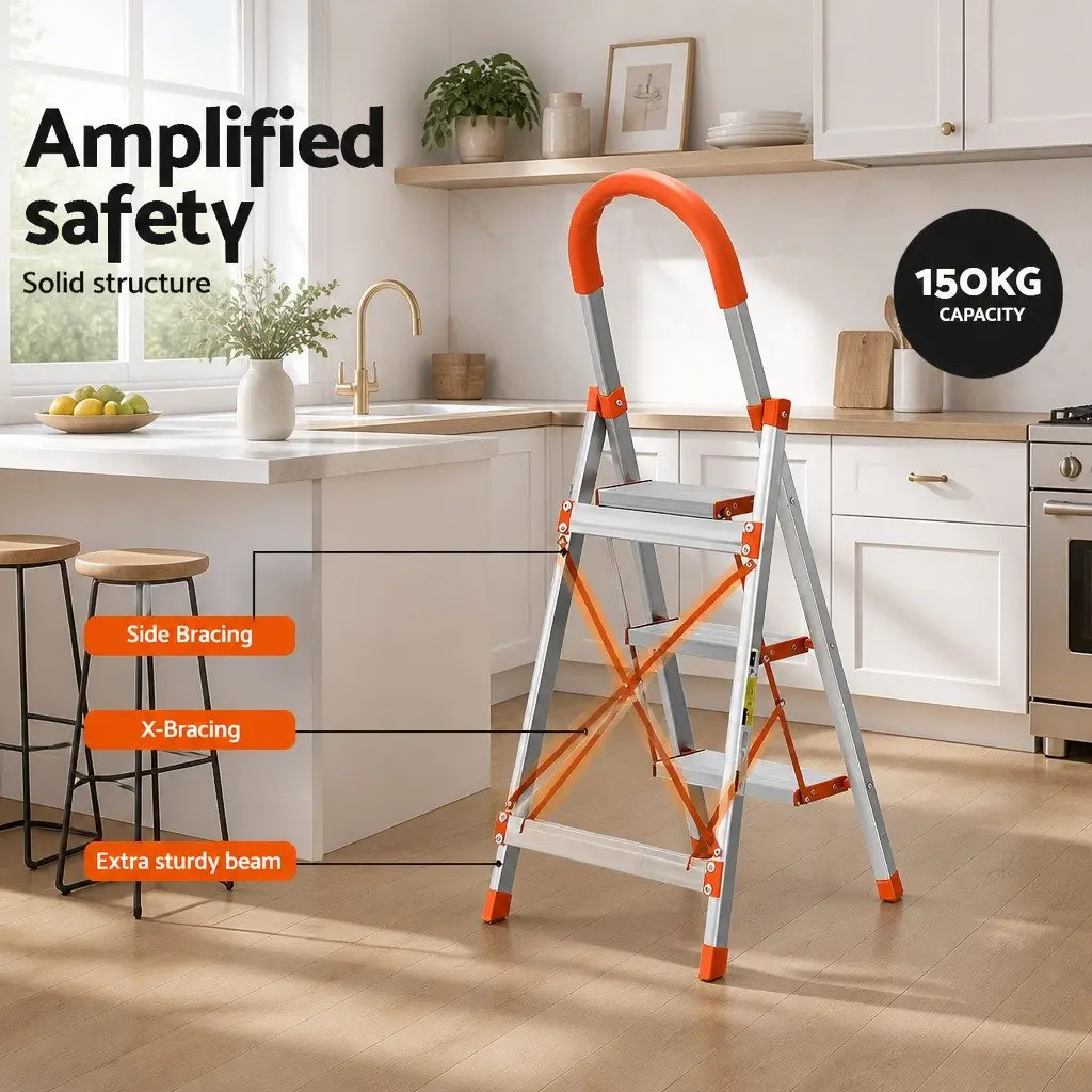3 Step Ladder Aluminium Lightweight Folding Non-Slip Silver