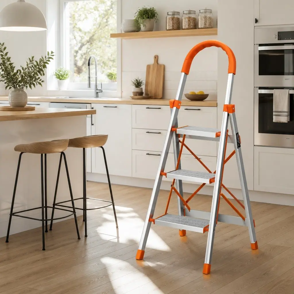 3 Step Ladder Aluminium Lightweight Folding Non-Slip Silver