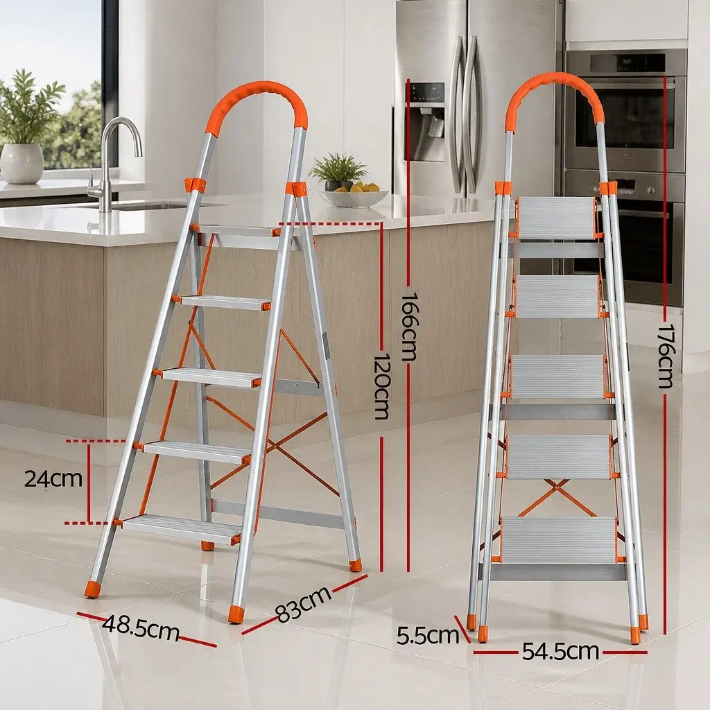 5 Step Ladder Lightweight Aluminium Folding Multi-Purpose Indoor Outdoor Silver