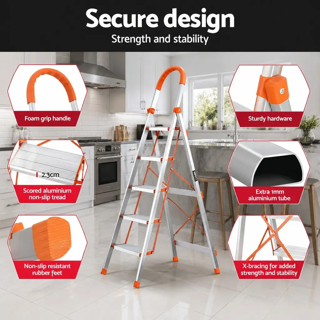 5 Step Ladder Lightweight Aluminium Folding Multi-Purpose Indoor Outdoor Silver