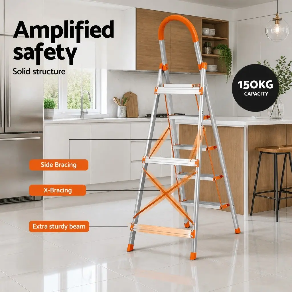 5 Step Ladder Lightweight Aluminium Folding Multi-Purpose Indoor Outdoor Silver