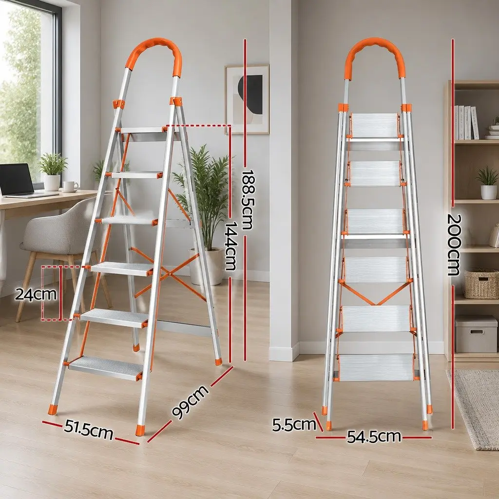 6 Step Ladder Aluminium Folding Non-Slip 188.5cm Silver