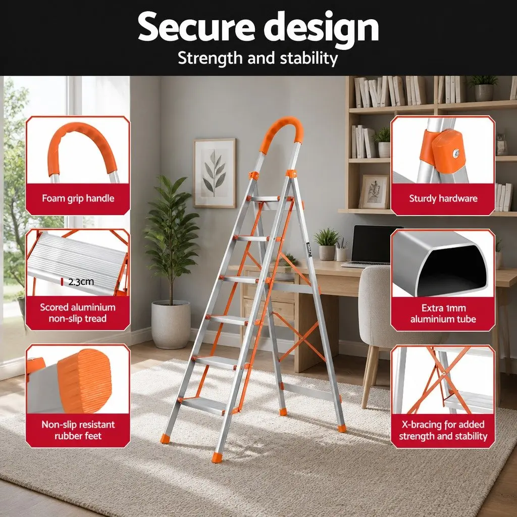 6 Step Ladder Aluminium Folding Non-Slip 188.5cm Silver
