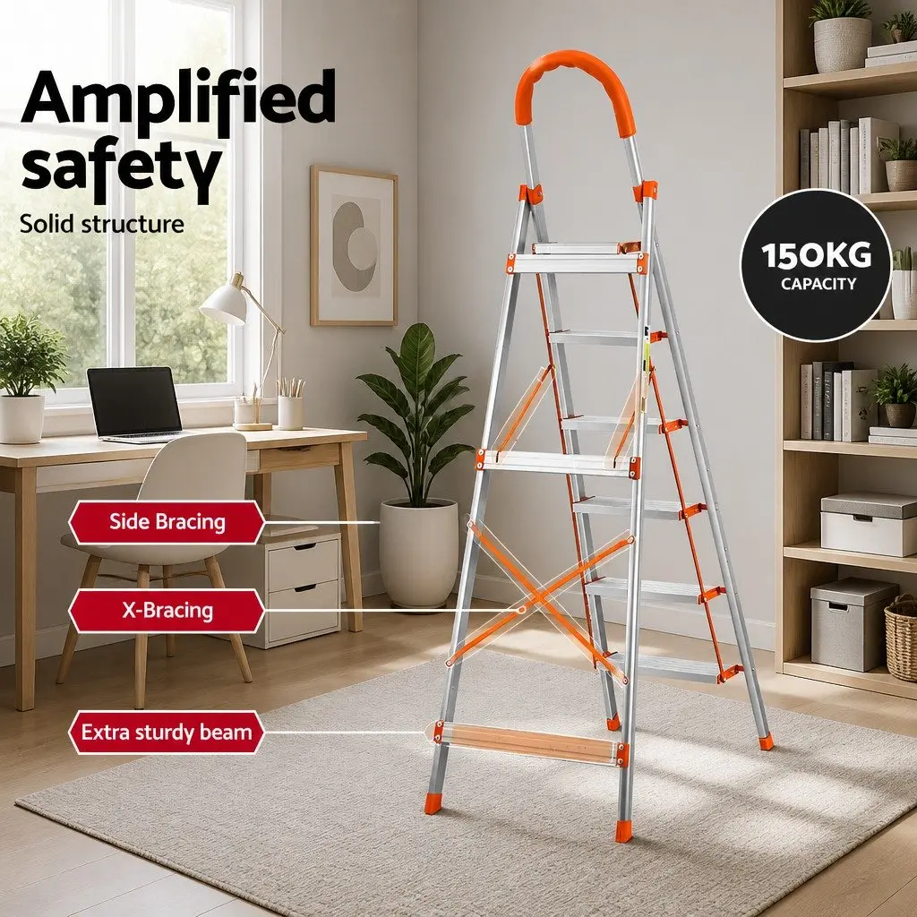 6 Step Ladder Aluminium Folding Non-Slip 188.5cm Silver