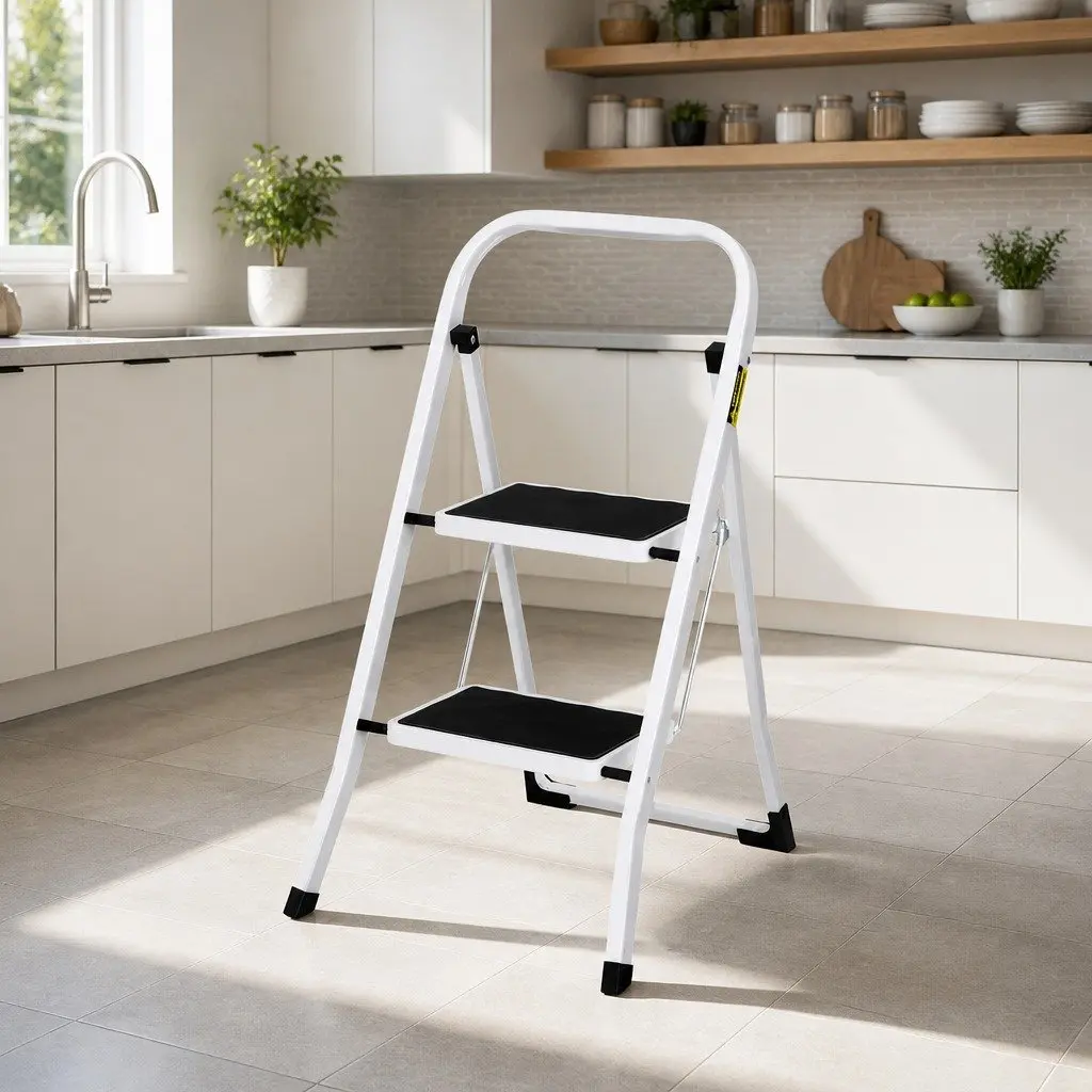 2 Step Ladder Folding Steel Lightweight Black White