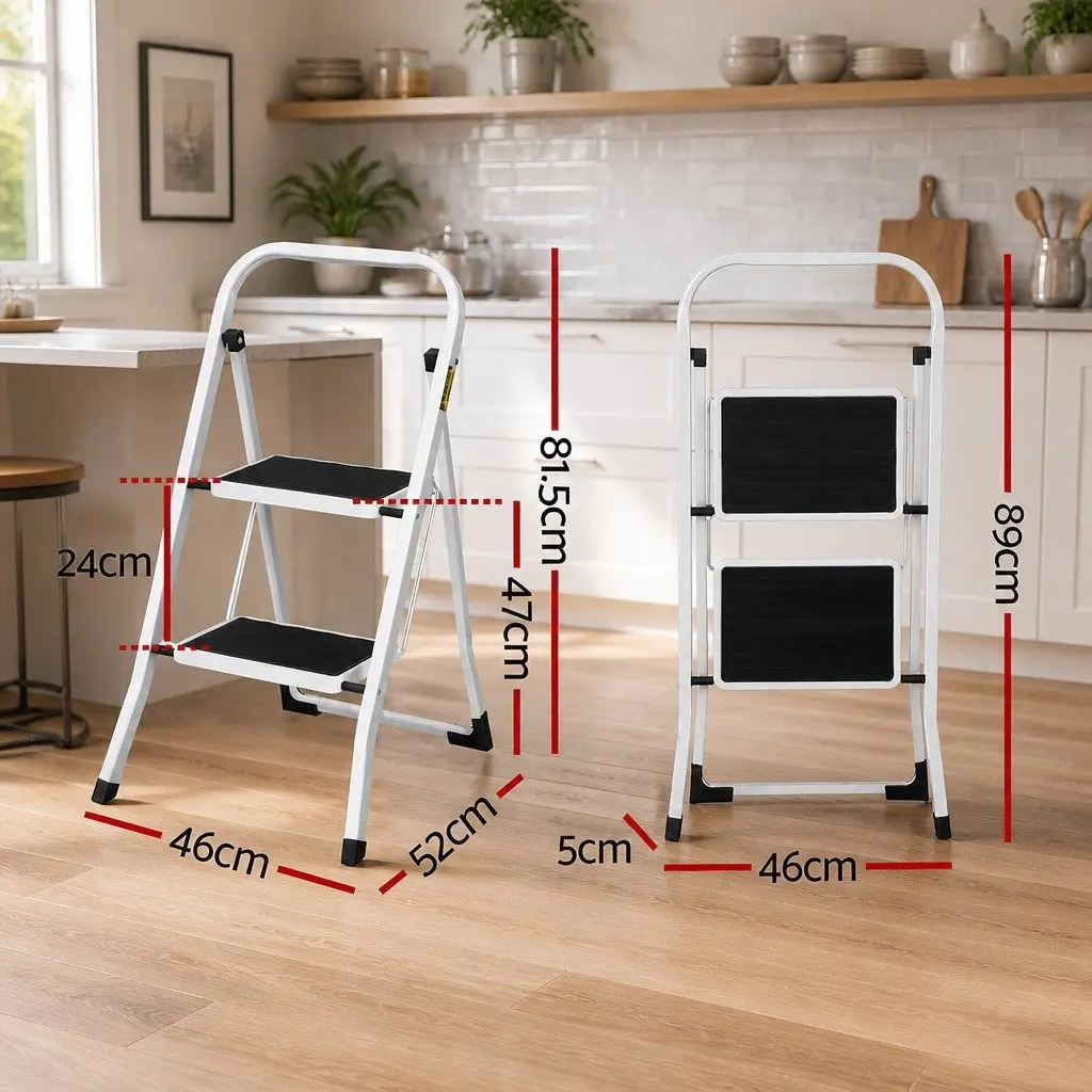 2 Step Ladder Folding Steel Lightweight Black White