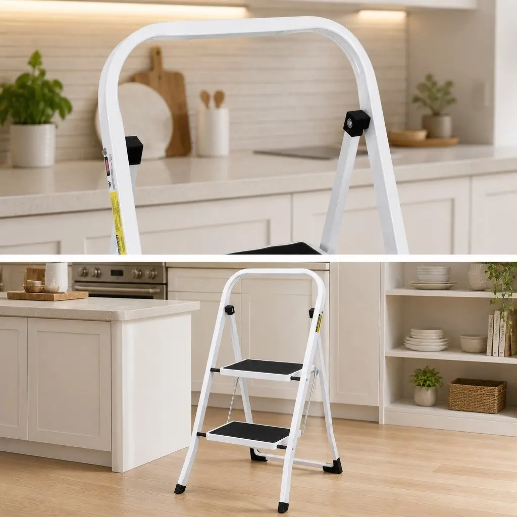 2 Step Ladder Folding Steel Lightweight Black White