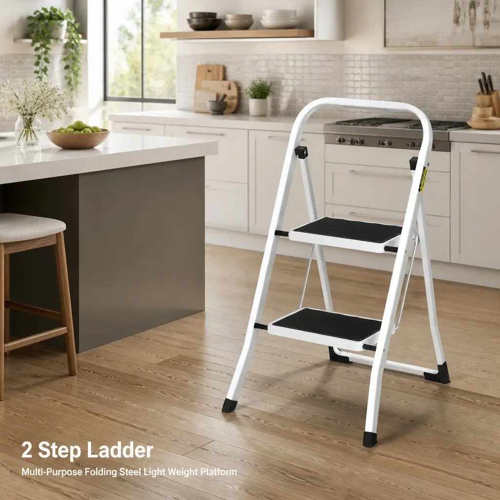 2 Step Ladder Folding Steel Lightweight Black White