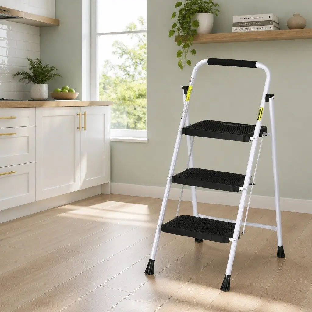 3 Step Ladder Folding Non-Slip Steel Indoor Multi-Purpose Platform Safety Black or White