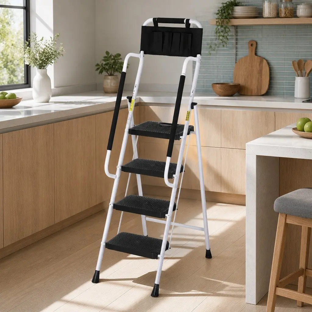 4 Step Ladder Folding Steel Black with Tool Bag