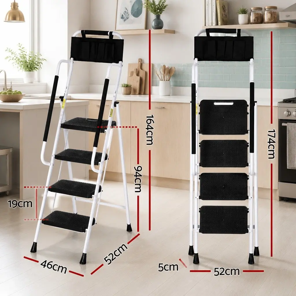 4 Step Ladder Folding Steel Black with Tool Bag