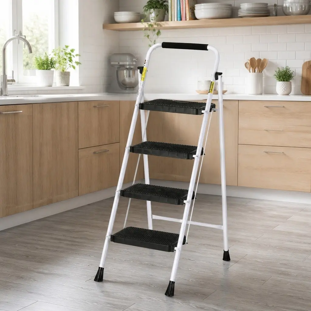 4 Step Ladder Folding Steel Lightweight Black White