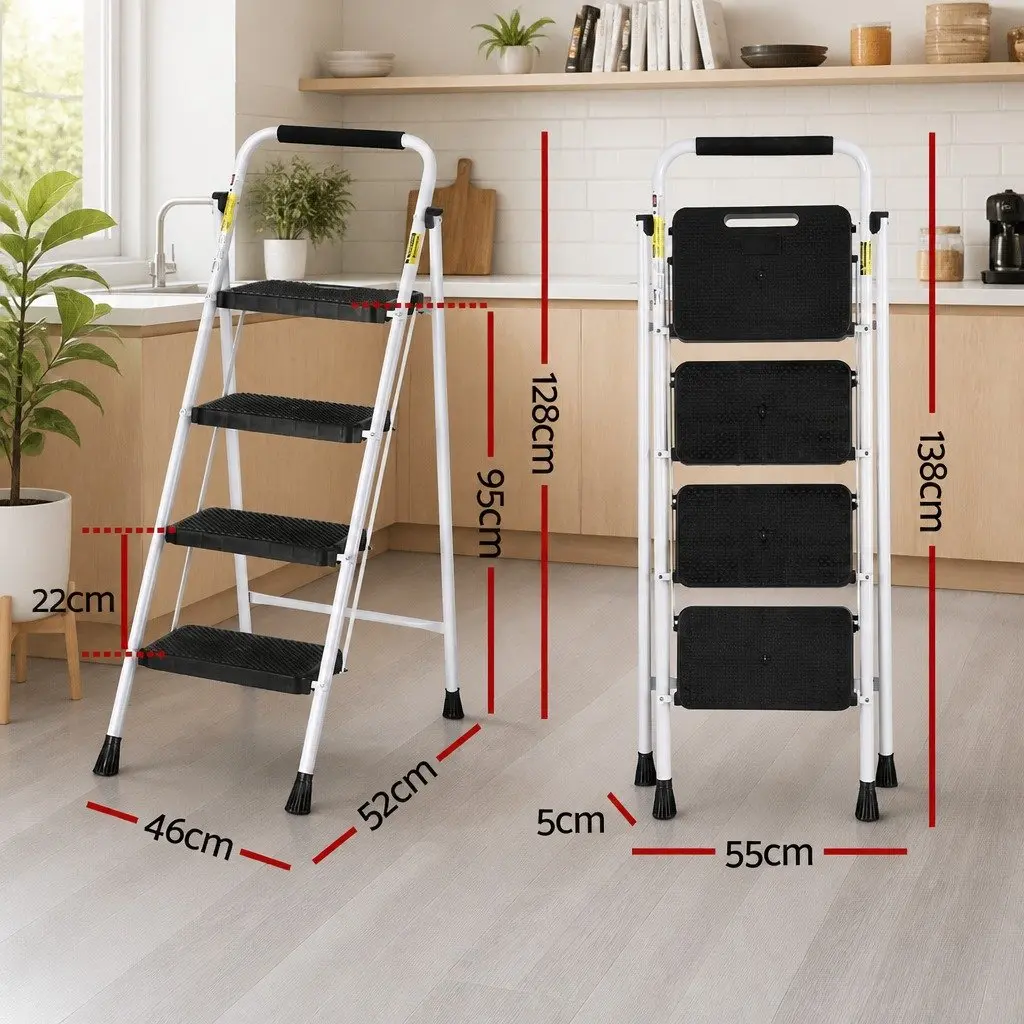 4 Step Ladder Folding Steel Lightweight Black White