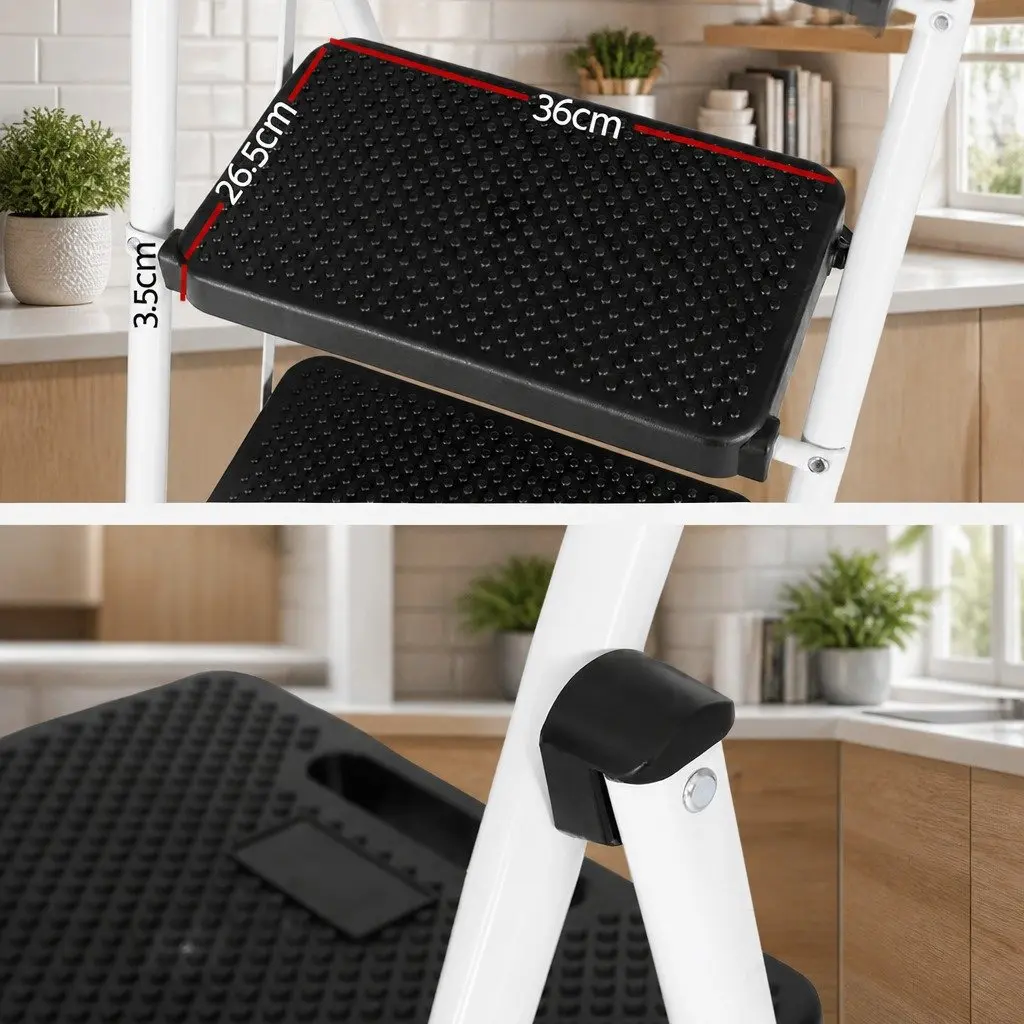 4 Step Ladder Folding Steel Lightweight Black White