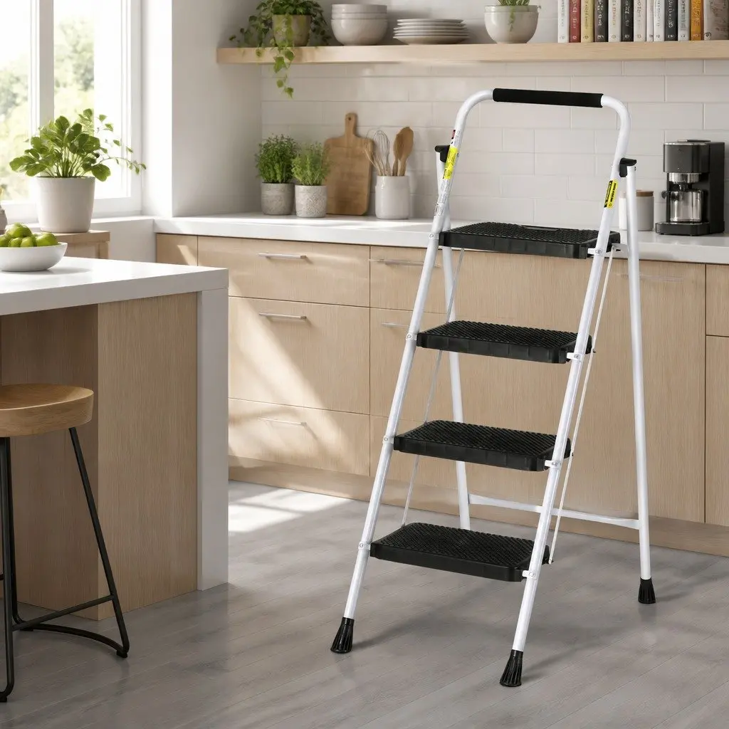 4 Step Ladder Folding Steel Lightweight Black White