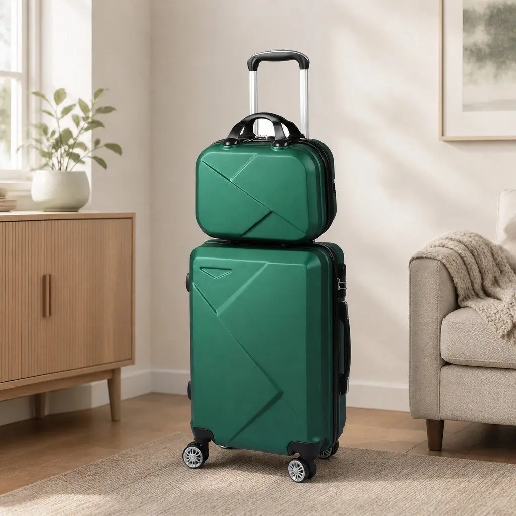 Luggage Set 2 Piece ABS Construction 20 Inch Suitcase 12 Inch Vanity Bag Carry-On Trolley Available in Green