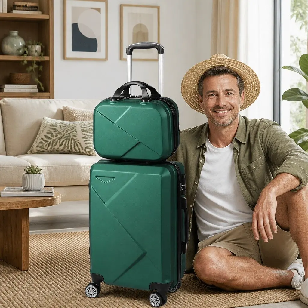 Luggage Set 2 Piece ABS Construction 20 Inch Suitcase 12 Inch Vanity Bag Carry-On Trolley Available in Green